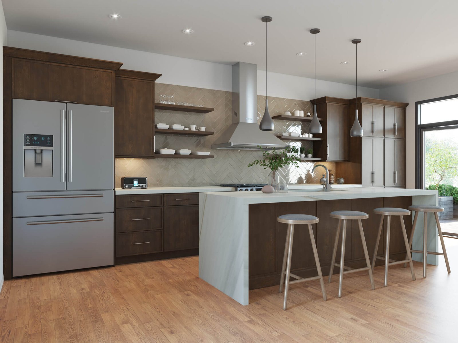 Kitchen with quartzite countertops and shaker cabinetry